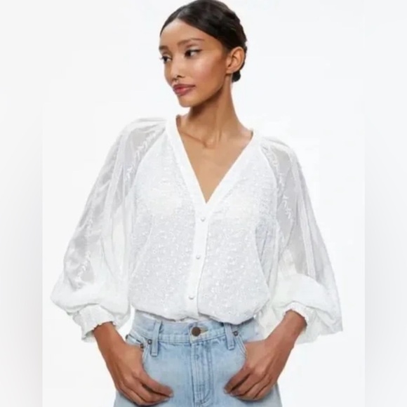 Alice + Olivia Lang Embroidered Button Down Blouse Size Small in White NWT - Picture 2 of 13